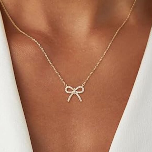 Neiman Marcus 14K Diamond CZ Gold Plated Bow Tie Necklace - Picture 1 of 4